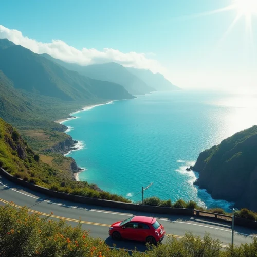 Scenic coastal road in Madeira with a red car driving along it. madeira portugal driving.