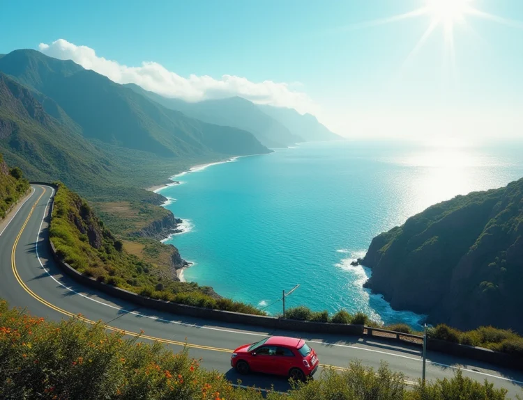 Scenic coastal road in Madeira with a red car driving along it. madeira portugal driving.