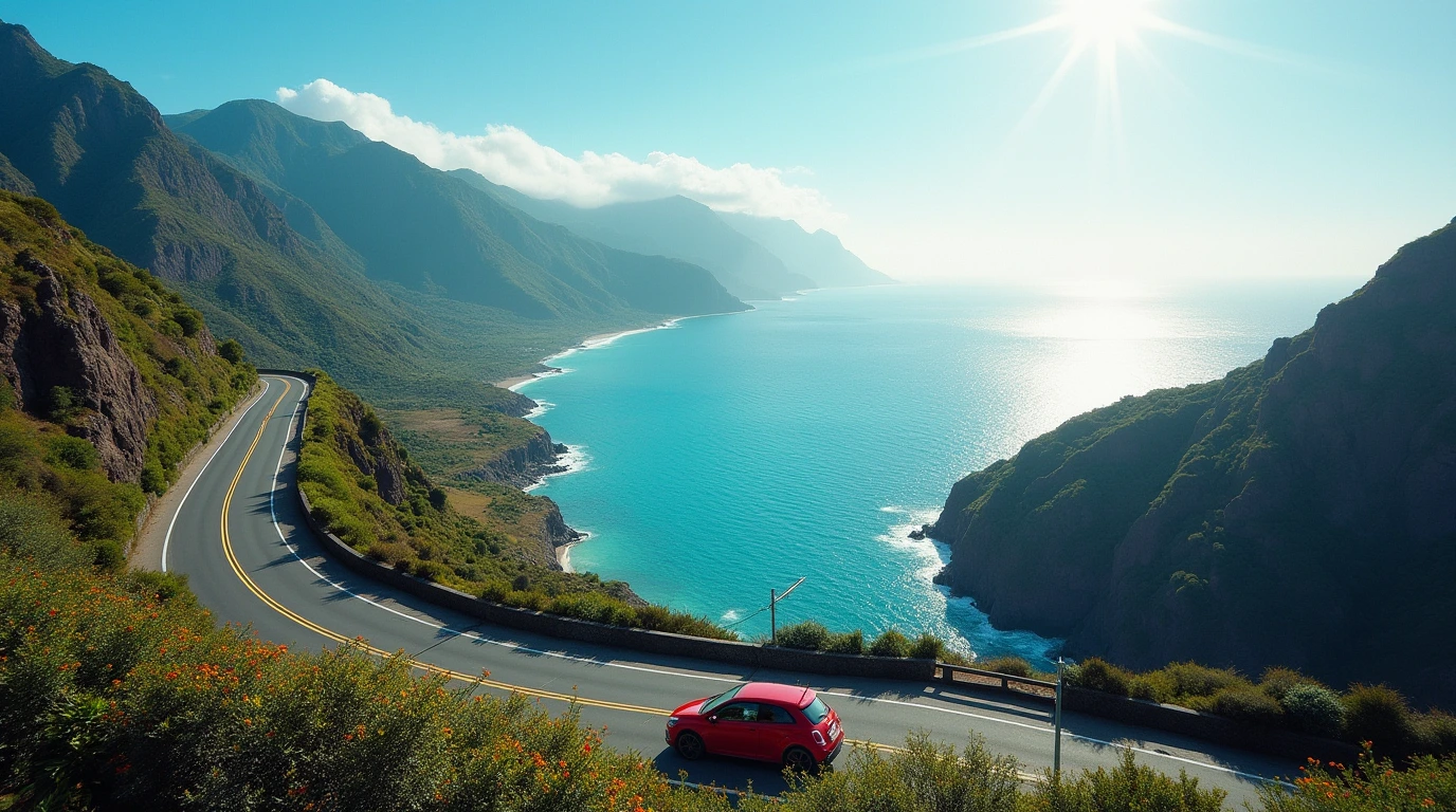 Scenic coastal road in Madeira with a red car driving along it. madeira portugal driving.