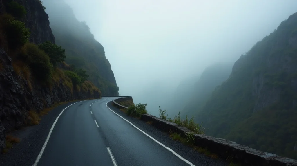 A narrow, winding mountain road in Madeira with a hairpin turn