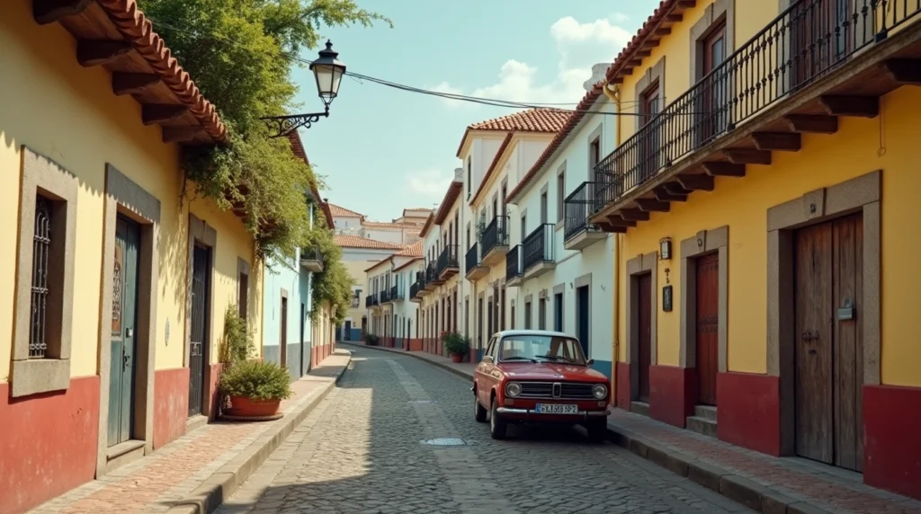 Small car parked on a narrow, hilly street in a Madeira village