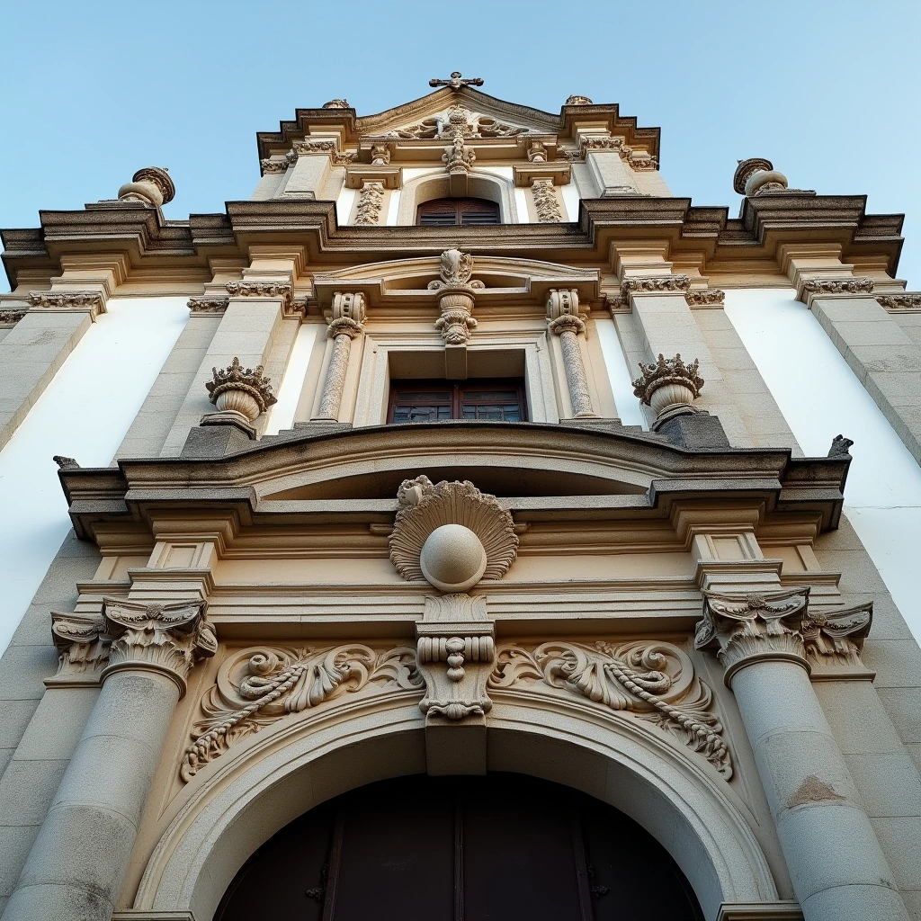 Detailed stone carvings of a Portuguese Manueline church facade with nautical motifs