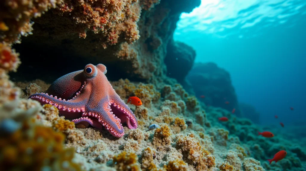 Close-up of marine life at Two Anchors dive site, including octopus and fish