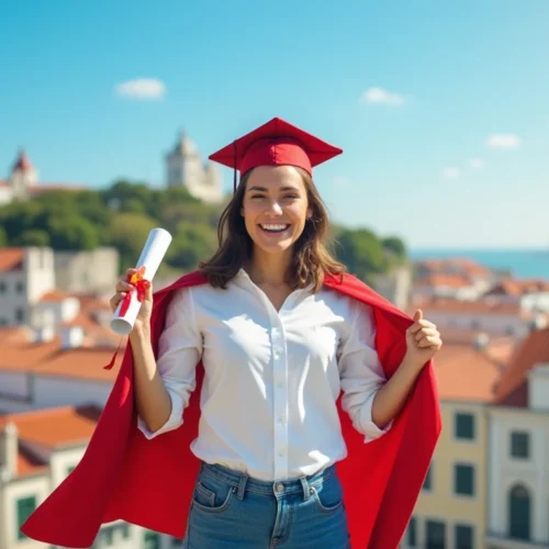 Student celebrating master's degree in Portugal with cityscape background. documentos nessesarios para estudo mestrado em portugal.