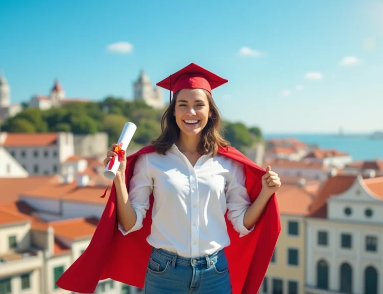 Student celebrating master's degree in Portugal with cityscape background. documentos nessesarios para estudo mestrado em portugal.