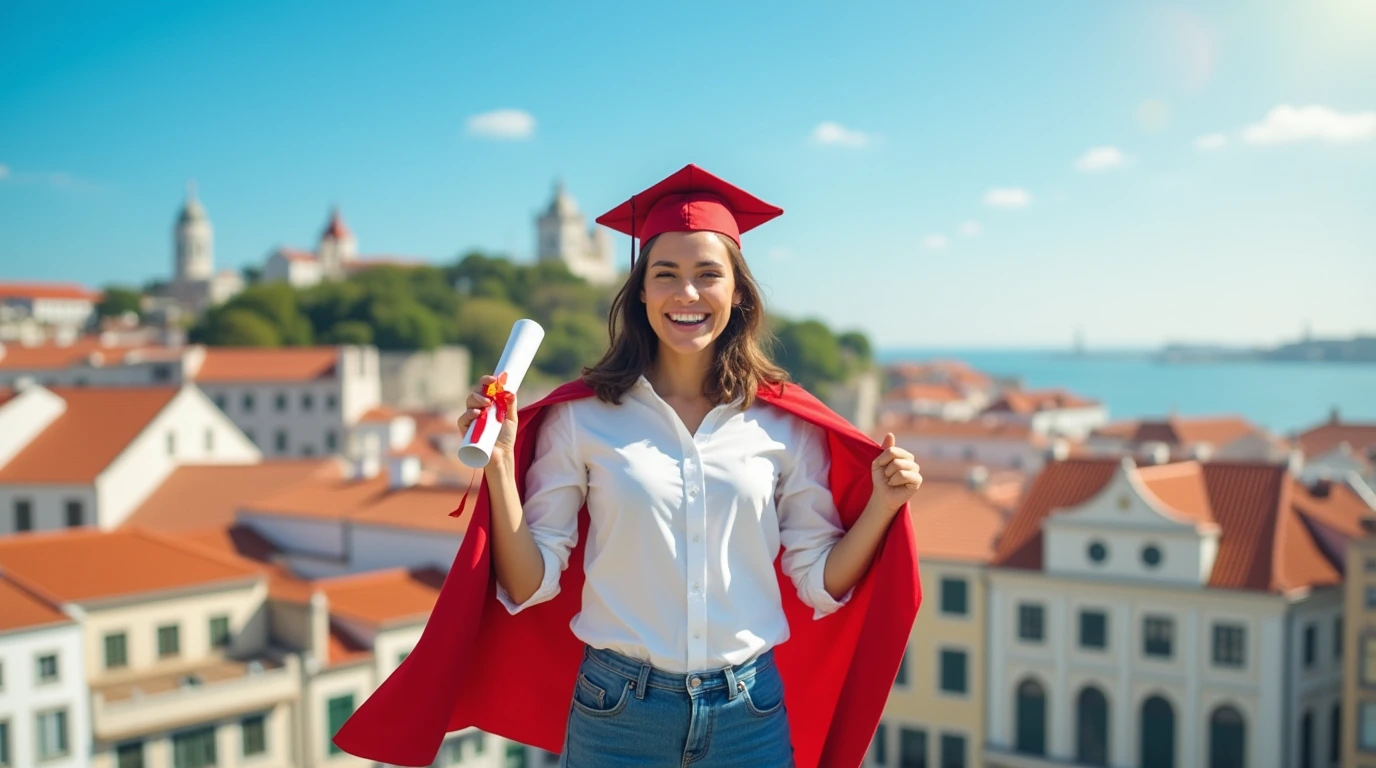 Student celebrating master's degree in Portugal with cityscape background. documentos nessesarios para estudo mestrado em portugal.