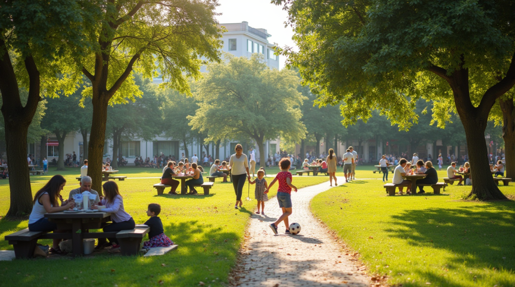 Lively daytime scene in Parque Central, Amadora, Portugal