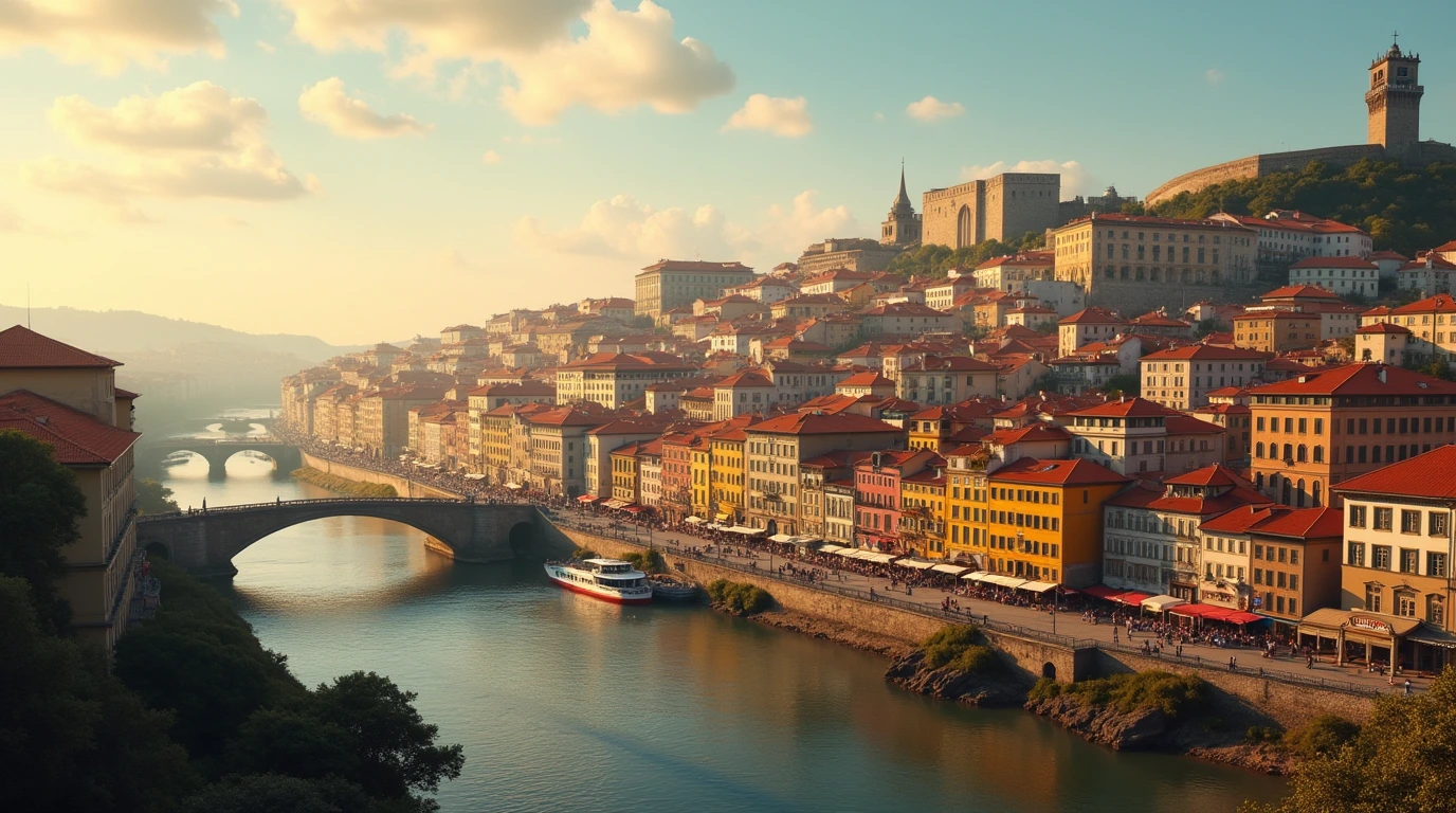 Panoramic view of a vibrant Portuguese city with colorful buildings and a river. portugal itinerary 7 days