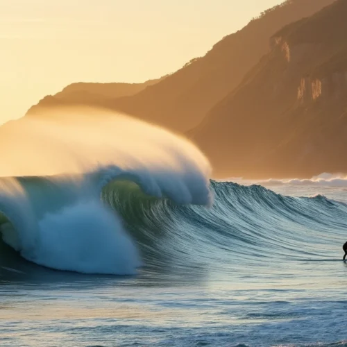 A panoramic view of the Portuguese coast in autumn, featuring a surfer silhouetted against a breaking wave. portugal surfing in november.