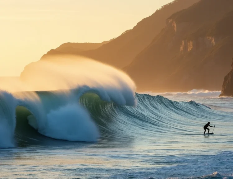 A panoramic view of the Portuguese coast in autumn, featuring a surfer silhouetted against a breaking wave. portugal surfing in november.