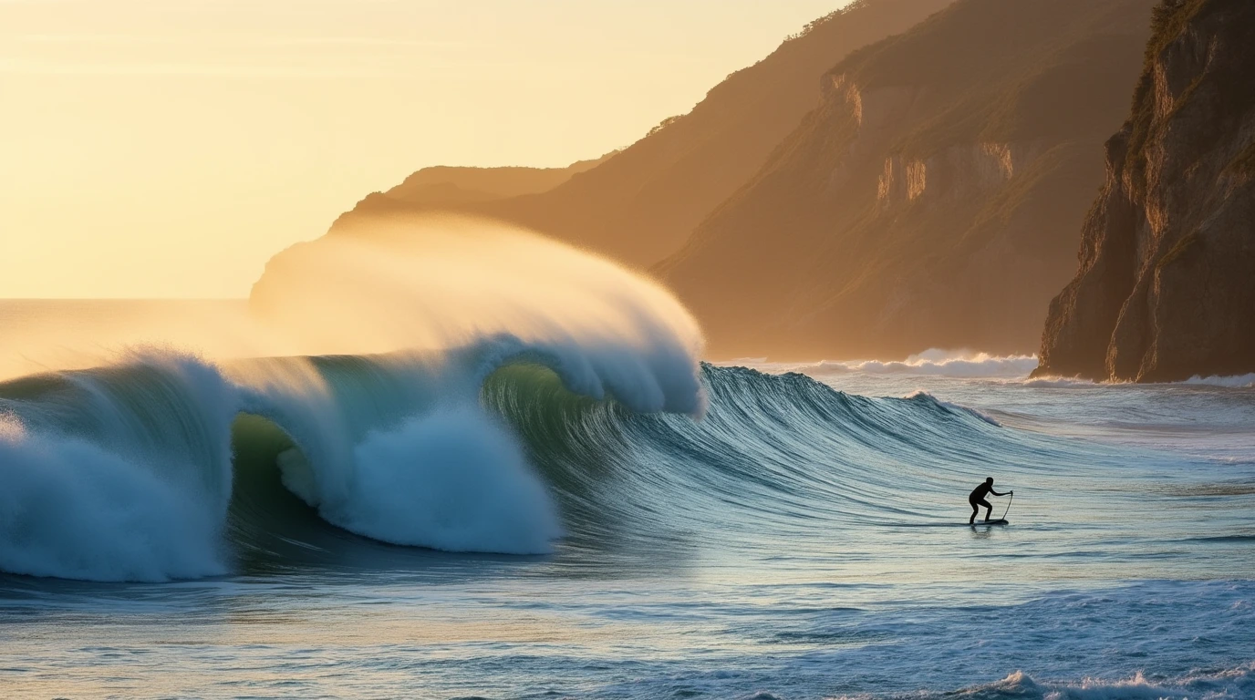 A panoramic view of the Portuguese coast in autumn, featuring a surfer silhouetted against a breaking wave. portugal surfing in november.