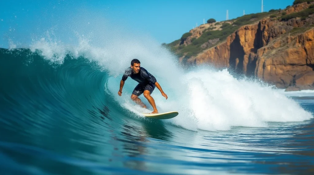 A surfer riding a barreling wave at a Portuguese surf spot with rocky cliffs in the background