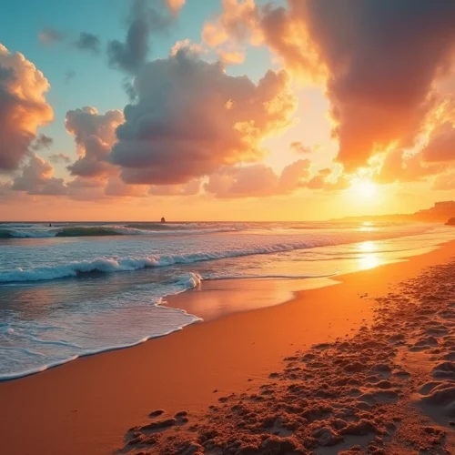 Sunset over Portuguese coastline with visible tide line, surfers, and a sailboat. mareas portugal 2025