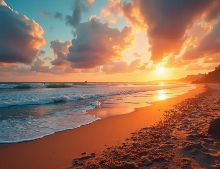 Sunset over Portuguese coastline with visible tide line, surfers, and a sailboat. mareas portugal 2025