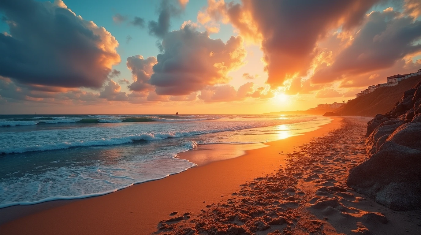 Sunset over Portuguese coastline with visible tide line, surfers, and a sailboat. mareas portugal 2025