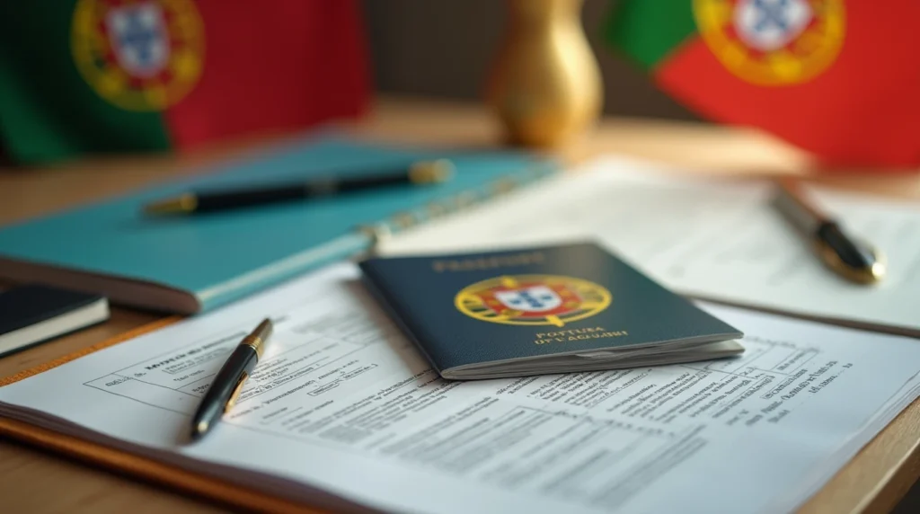 Essential documents for a master's degree application in Portugal laid out on a desk