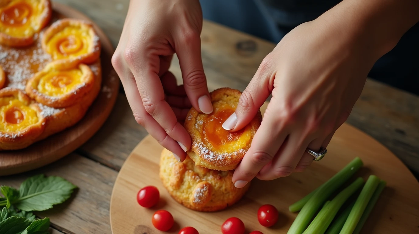 Hands preparing fresh ingredients with a pastéis de nata in the background