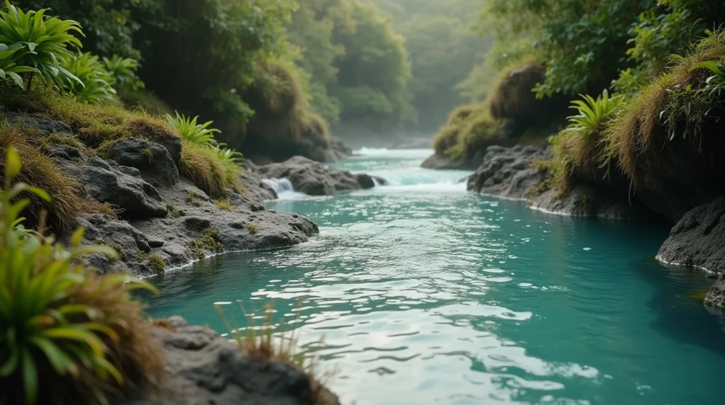 Serene natural hot spring surrounded by lush vegetation in the Azores