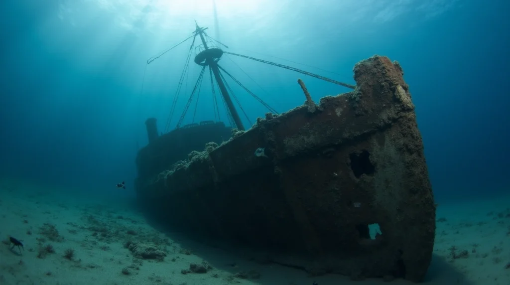 Underwater image of shipwreck remnants at Two Anchors dive site