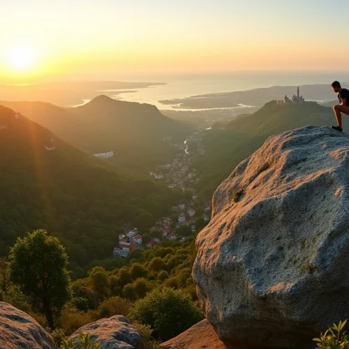 Bouldering in Sintra, Portugal, with a climber silhouetted against a scenic backdrop. Sintra guidebook portugal bouldering.