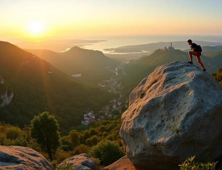 Bouldering in Sintra, Portugal, with a climber silhouetted against a scenic backdrop. Sintra guidebook portugal bouldering.