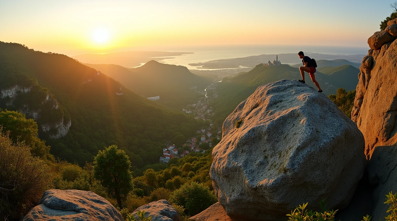 Bouldering in Sintra, Portugal, with a climber silhouetted against a scenic backdrop. Sintra guidebook portugal bouldering.