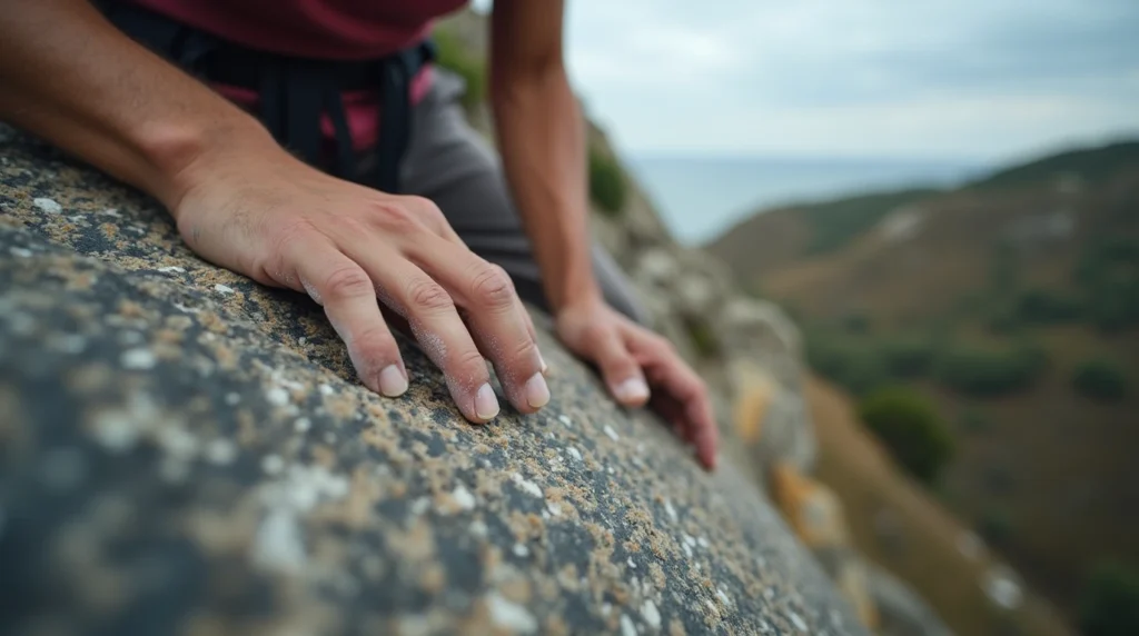 Close-up of climber's hands on granite boulder in Peninha, Sintra