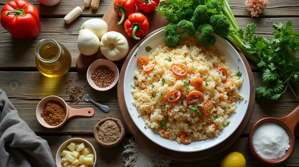 A kitchen table with the ingredients for a Portuguese dish arranged on a rustic wooden table