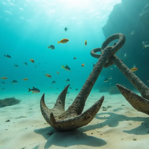 Underwater view of Two Anchors dive site in Portugal, featuring anchors and fish. two anchors dive site portugal