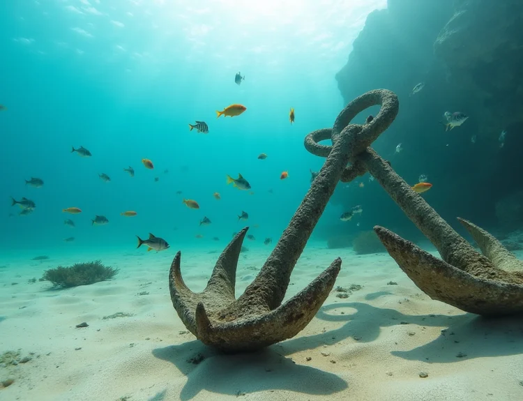 Underwater view of Two Anchors dive site in Portugal, featuring anchors and fish. two anchors dive site portugal