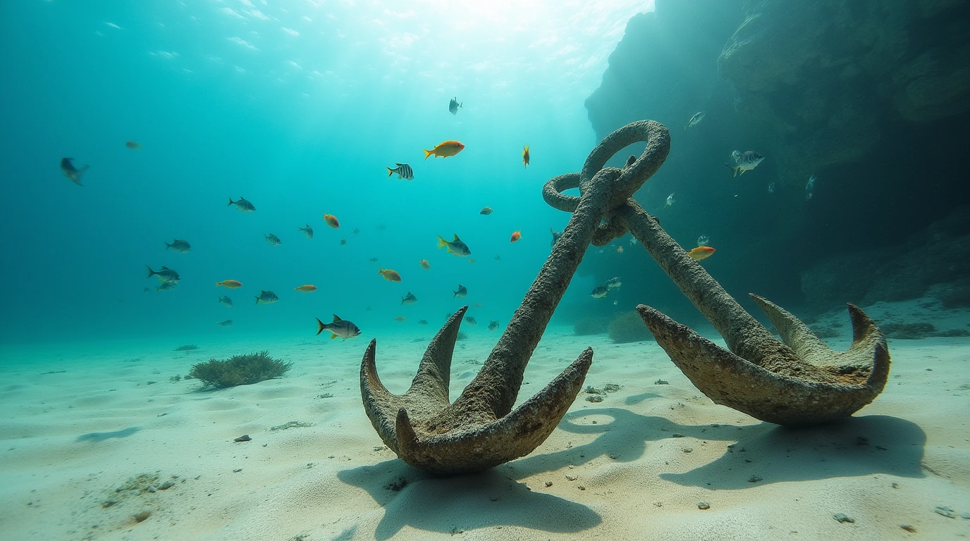 Underwater view of Two Anchors dive site in Portugal, featuring anchors and fish. two anchors dive site portugal