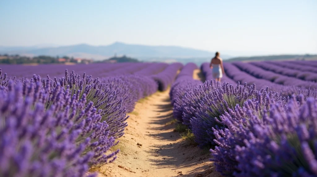 Pathway through a lavender field in Alentejo with a person walking