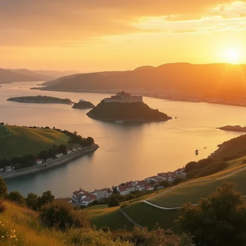 Sunset over Caminha, Portugal, showing the Minho River, Atlantic Ocean, and Fortress of Caminha Portugal