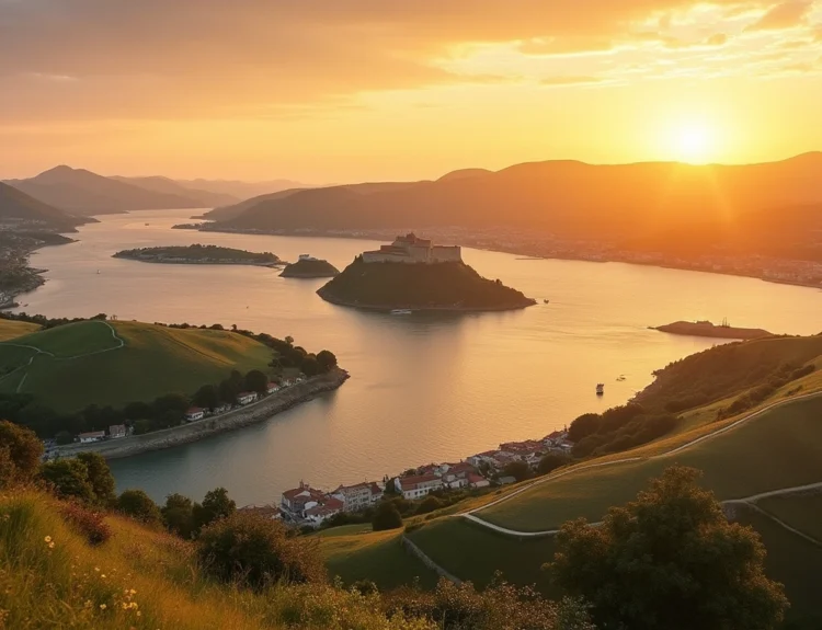 Sunset over Caminha, Portugal, showing the Minho River, Atlantic Ocean, and Fortress of Caminha Portugal