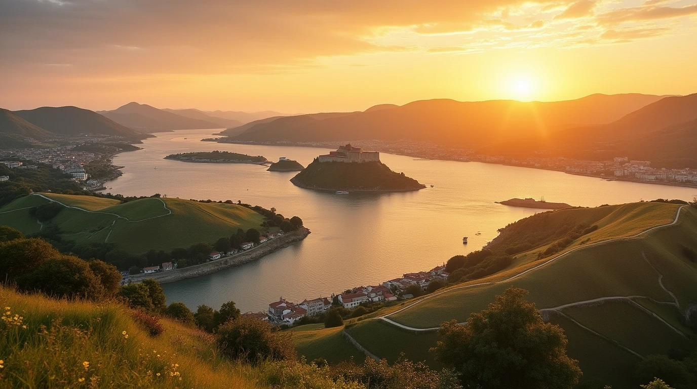 Sunset over Caminha, Portugal, showing the Minho River, Atlantic Ocean, and Fortress of Caminha Portugal