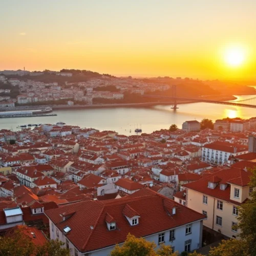 Lisbon cityscape at sunset. Portuga