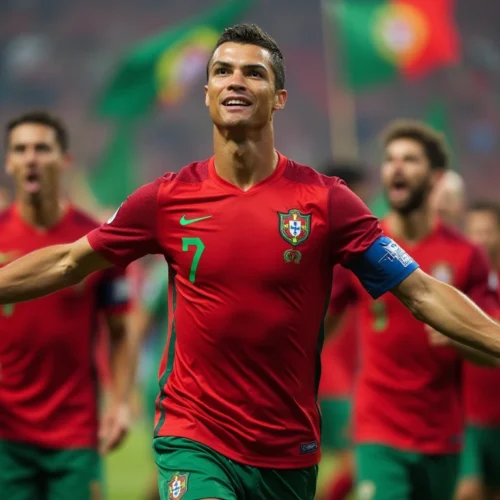 Portugal team celebrating goal in red and green shirts. With Portugal Shirt