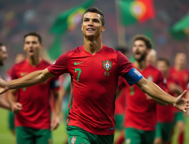 Portugal team celebrating goal in red and green shirts. With Portugal Shirt