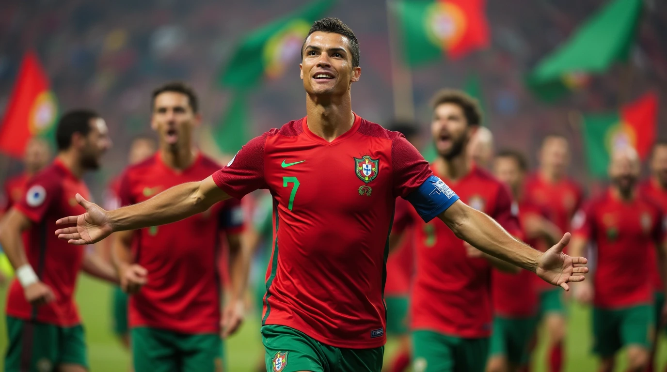 Portugal team celebrating goal in red and green shirts. With Portugal Shirt